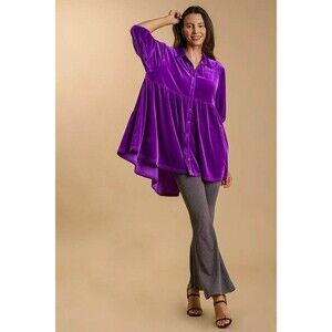 NWT UMGEE Oversized violet velvet button front tiered back hi-low hem tunic top
